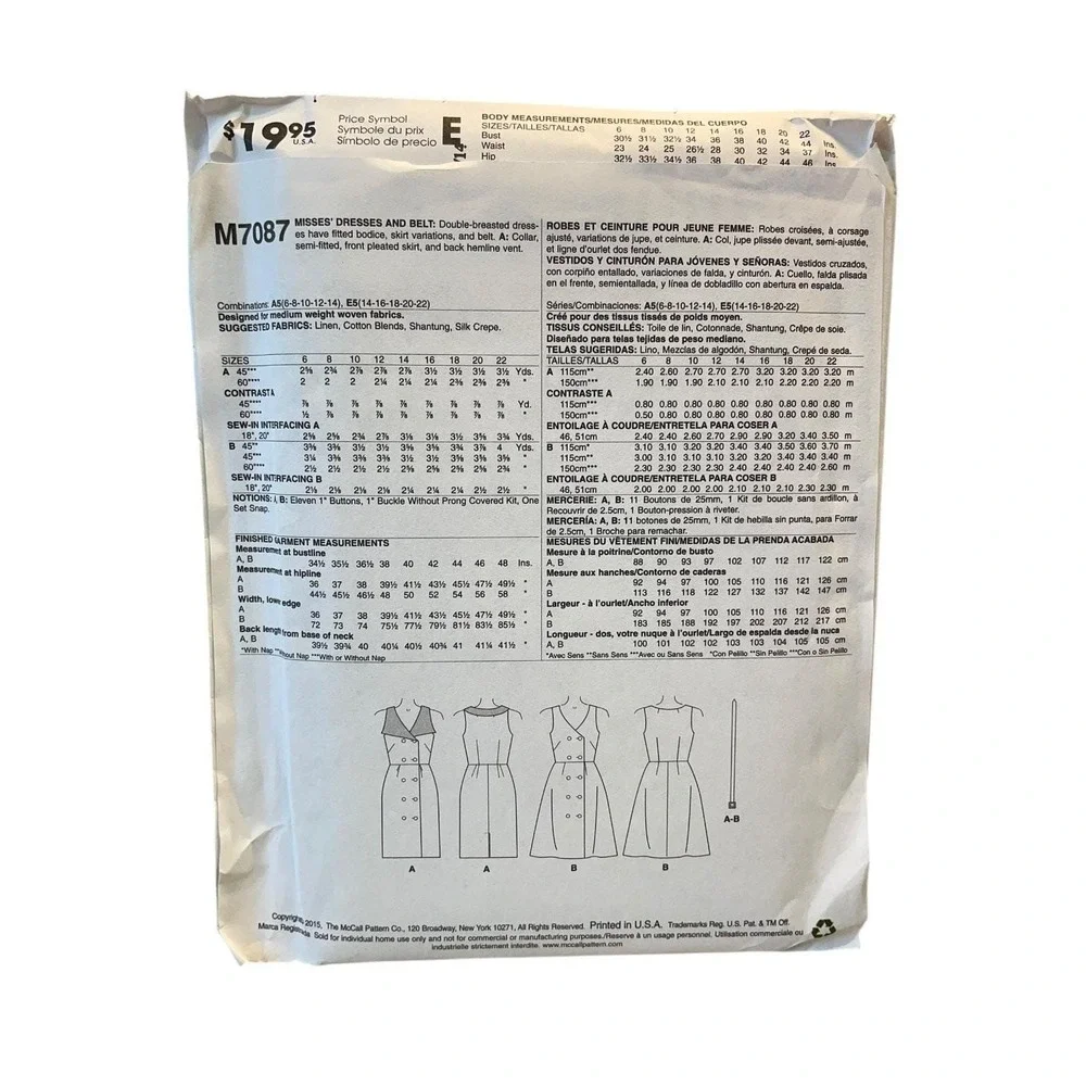 McCALL'S M7087 Misses' Dress Belt Size 14-22 Sewing Pattern